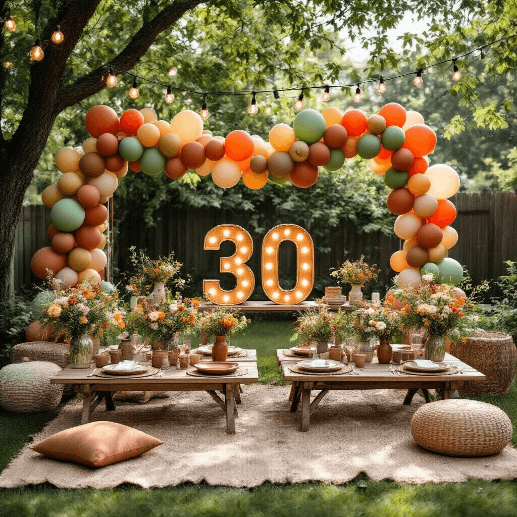 Overhead view of a stylish backyard garden party with rustic wood '30' marquee numbers surrounded by vibrant terracotta, sage green, and gold balloon garlands, picnic-style low tables with earth-toned dinnerware, mason jar wildflower centerpieces, and a whimsical string light canopy, all illuminated by soft morning sunlight.