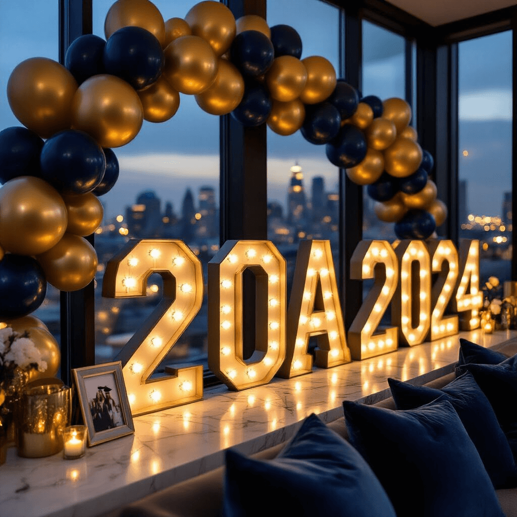 Close-up of marquee letters 'GRAD 2024' glowing warmly in a modern apartment, surrounded by navy, gold, and cream balloon garlands, with city lights twinkling through floor-to-ceiling windows and a marble countertop displaying graduation memorabilia and elegant glassware.
