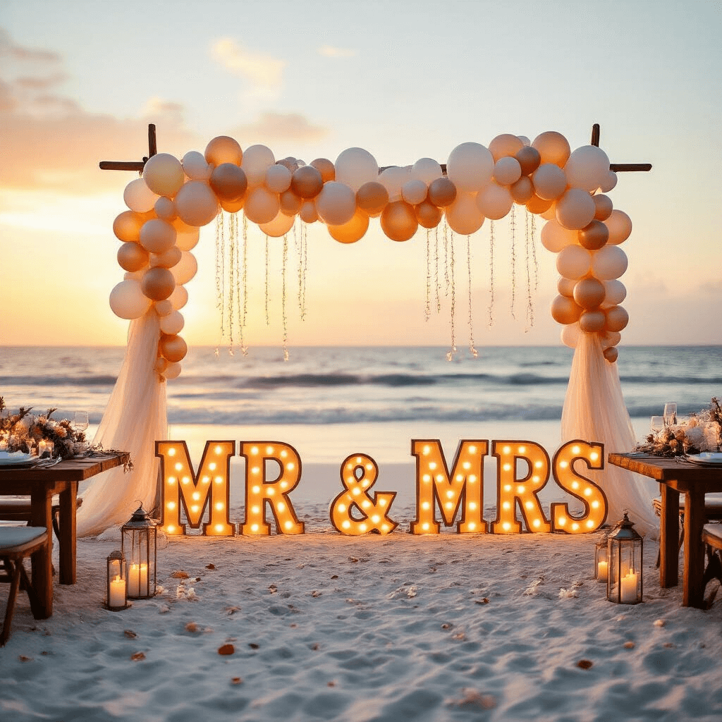 Cinematic wide shot of a beachfront celebration at golden hour, featuring illuminated 'MR & MRS' marquee letters on white sand, surrounded by balloon garlands in soft tones, low wooden tables with chiffon runners, lanterns, rose petals, driftwood, and tropical florals, all under warm sunset light and fairy lights.