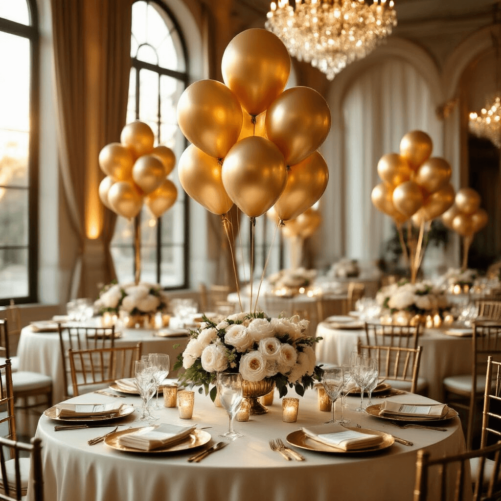 Cinematic wide-angle shot of an elegant indoor ballroom birthday celebration with gold foil balloon centerpieces, cream silk-draped tables, crystal glassware, and warm golden hour light streaming through arched windows, creating a luxurious atmosphere.