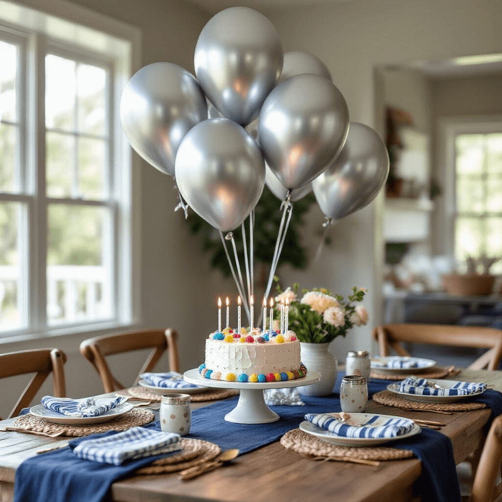 Close-up of a cozy children's birthday party indoors, featuring silver chrome balloons secured with decorative weights, a rustic wooden table adorned with a colorful birthday cake and silver candles, and layered textiles including a navy linen tablecloth and striped napkins, all illuminated by natural midday sunlight.