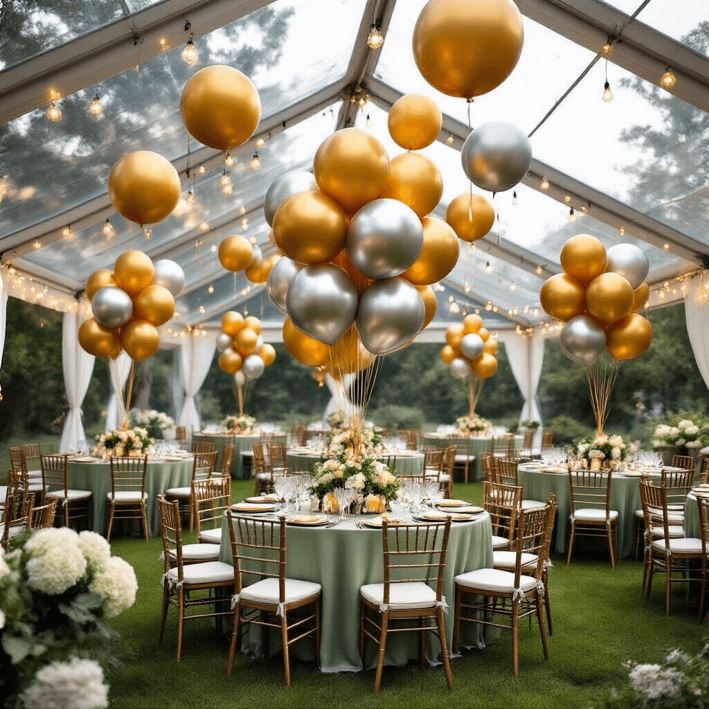 Wide shot of an enclosed garden party tent with mixed metallic balloon arrangements, gold and silver balloons protected from wind, round tables with sage green linens, brass accents, weighted balloon clusters, fairy lights above, and fresh white hydrangeas and greenery centerpieces, showcasing safe outdoor metallic balloon practices in a controlled environment.