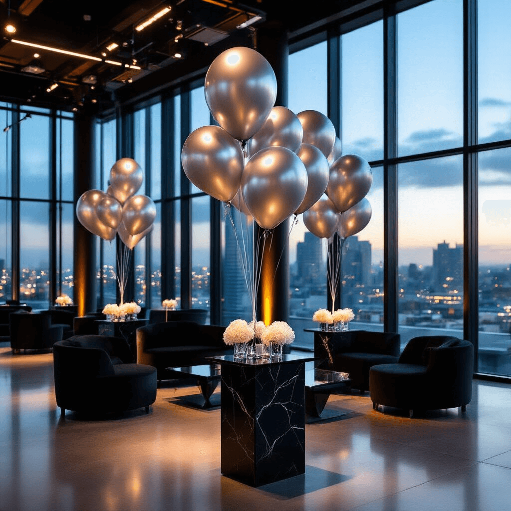 Moody evening scene of an elegant corporate event with sophisticated silver Mylar balloon installations, sleek black marble cocktail tables, and black velvet lounge seating, featuring a city skyline view through floor-to-ceiling windows and ambient LED lighting.