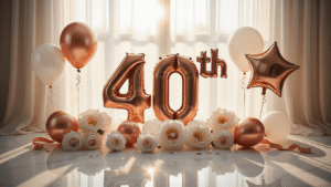 Luxurious 40th birthday balloon arrangement on white marble with rose gold foil balloons, chrome star balloons, and confetti-filled latex balloons; golden hour lighting highlights silk ribbons and faces soft-focus peonies and cake toppers in the background.