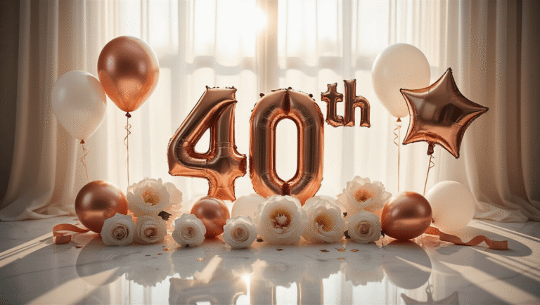 Luxurious 40th birthday balloon arrangement on white marble with rose gold foil balloons, chrome star balloons, and confetti-filled latex balloons; golden hour lighting highlights silk ribbons and faces soft-focus peonies and cake toppers in the background.