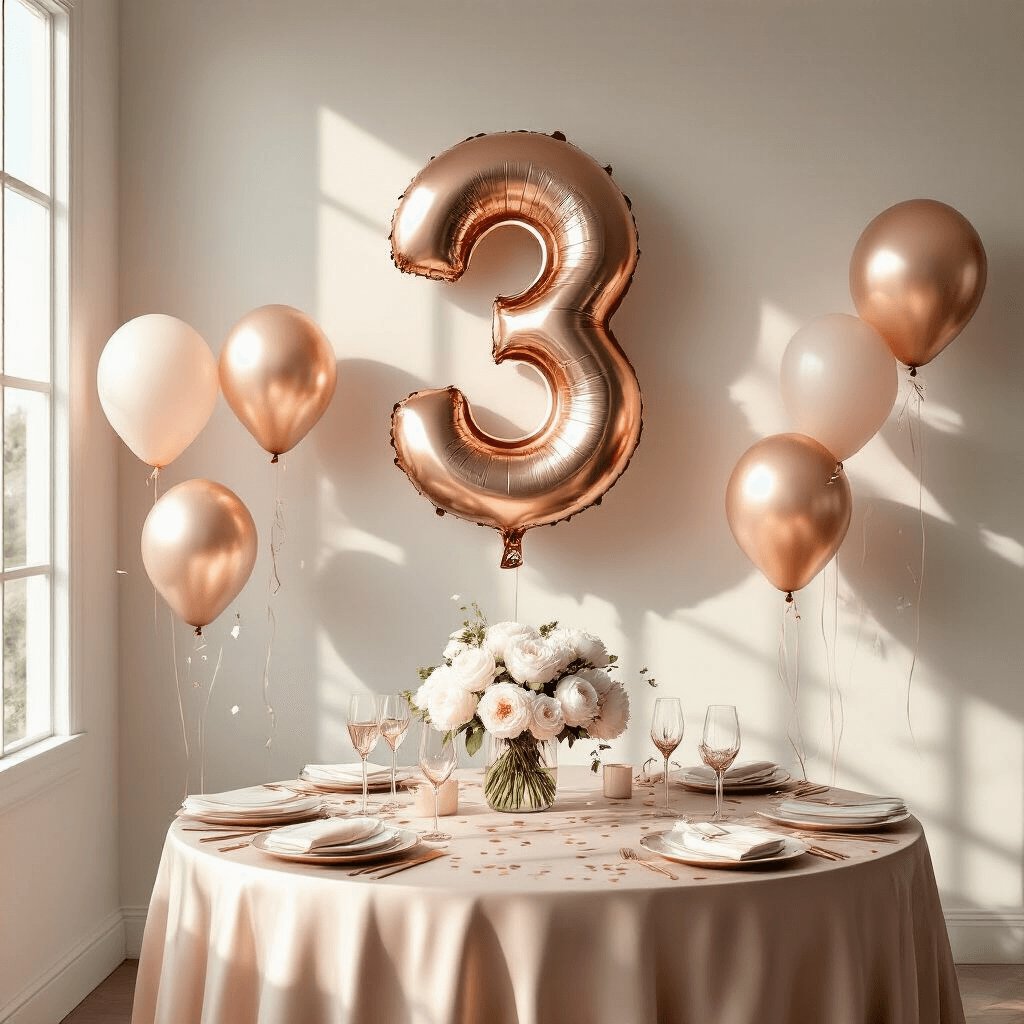 Photorealistic indoor birthday celebration with oversized rose gold number balloons, soft white wall, and warm golden hour sunlight highlighting silk table linens, crystal vases with white peonies, and elegant place settings in a modern living room.