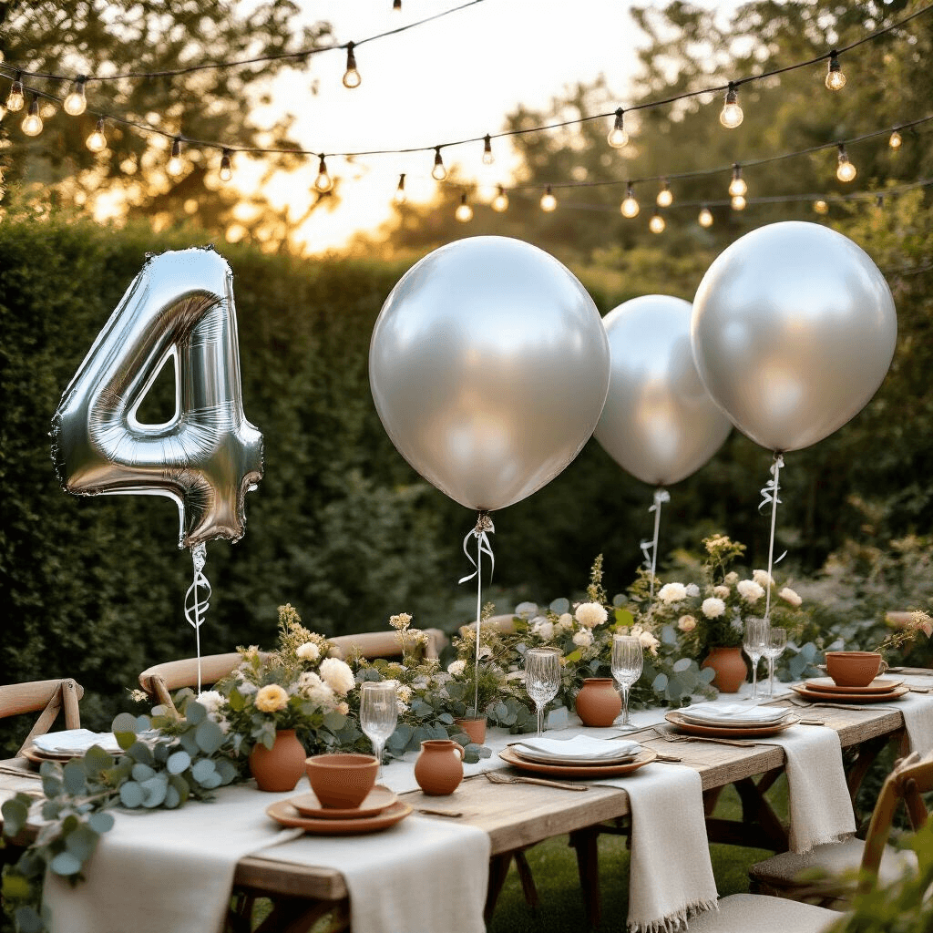 Cinematic outdoor scene featuring giant 40-inch silver number balloons in a stylish backyard garden during golden hour, anchored with decorative weights against sage green hedging, complemented by a picnic setup with rustic wooden surfaces, terracotta ceramic serving pieces, eucalyptus garland, and fairy lights creating a romantic glow.