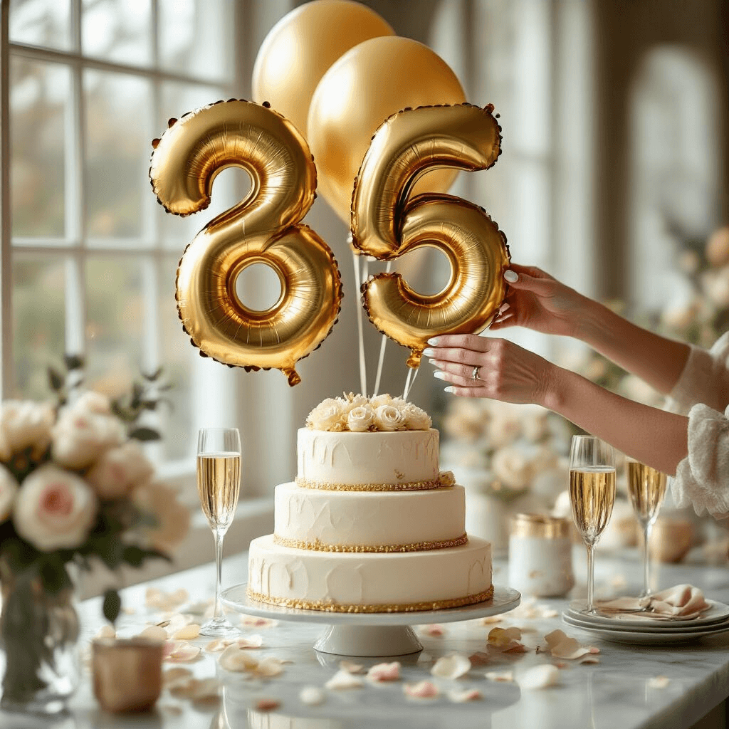 Intimate close-up of champagne gold number balloons with elegant manicured hands over a marble countertop, featuring a tiered birthday cake, glass flutes, and scattered ivory and blush rose petals, all bathed in soft morning light and warm candlelight for a luxurious atmosphere.