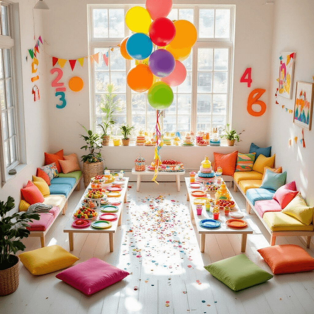 Overhead view of a vibrant children's birthday party setup on a white wooden floor, featuring bright primary colored number balloons, rainbow latex balloons, colorful plastic tableware, fresh fruit platters, and a slice of rainbow layer cake, all illuminated by natural sunlight, with playful decorations and floor cushions creating a cheerful atmosphere.