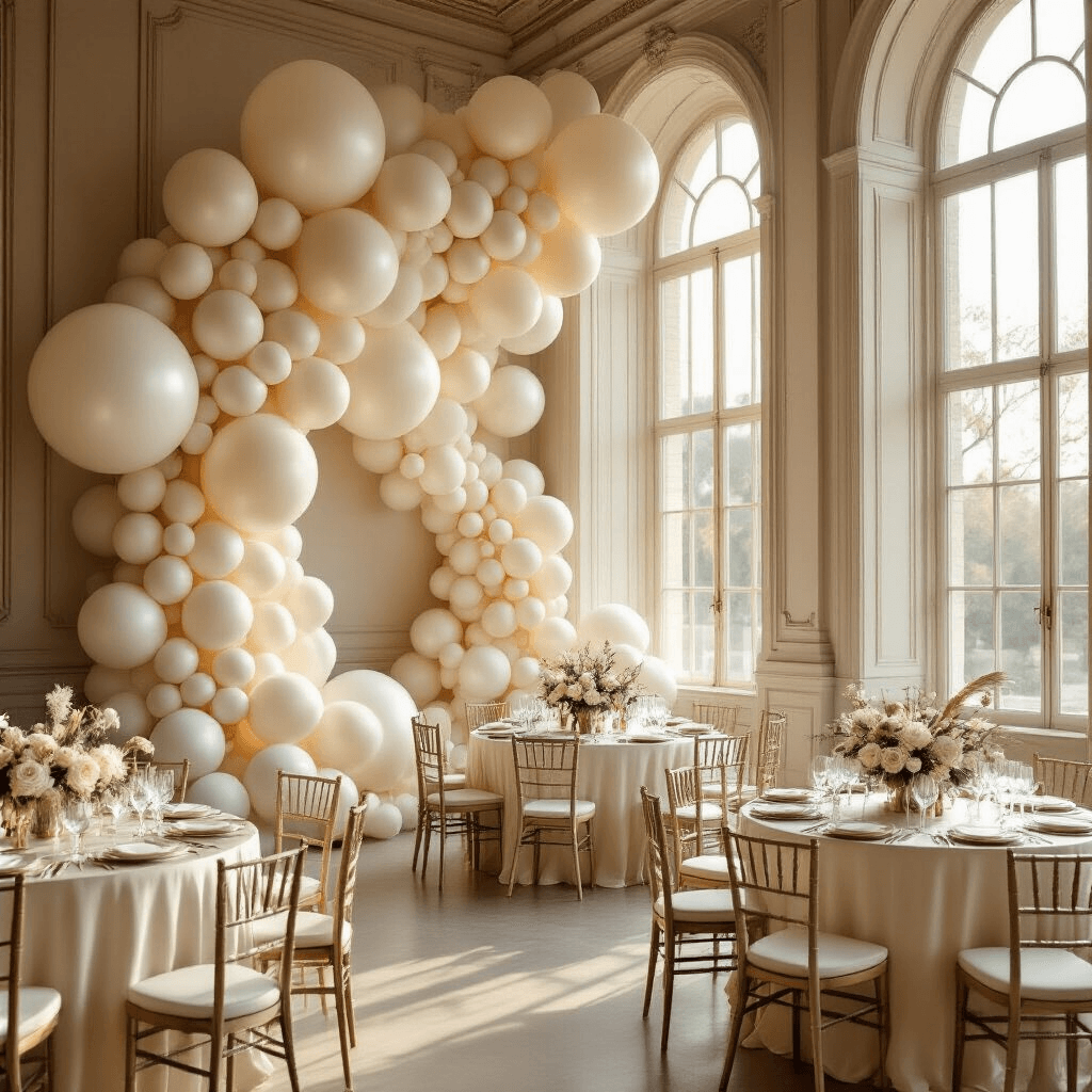 How I Learned to Stop Settling for Basic Party Balloons and Create Actually Stunning Decor A photorealistic indoor ballroom featuring a monochromatic balloon installation in cream, ivory, and champagne, illuminated by golden hour light. Elegant round tables with silk ivory linens and low floral centerpieces are arranged throughout the space, while large and small matte-finish balloons create an asymmetric display along one wall. Satin ribbon tails flow from select balloons, and the marble floors reflect the soft lighting, completing the luxurious atmosphere.