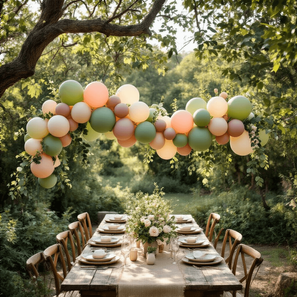 How I Learned to Stop Settling for Basic Party Balloons and Create Actually Stunning Decor Aerial view of a rustic outdoor garden party with a whimsical balloon garland in sage green, dusty rose, and cream, under a dappled tree canopy. Wooden farm tables dressed with burlap runners and ceramic dishware, surrounded by vintage chairs with lace cushions, and adorned with mason jars of wildflowers. String bistro lights hang overhead, enhancing the organic, soft morning ambiance.