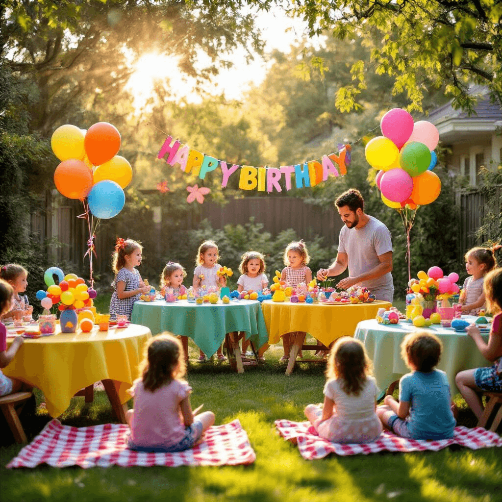 A vibrant children's birthday party in a sunlit backyard, featuring a balloon artist creating whimsical balloon animals for delighted kids, with colorful tables, balloon bouquets, and a semi-circle of children on picnic blankets, all illuminated by soft golden hour light.