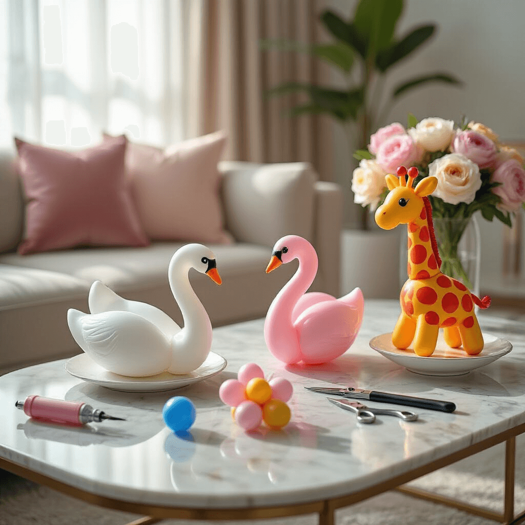 Close-up of a modern apartment living room with a marble coffee table featuring professional-quality jewel-toned balloons, a double-action pump, markers, and scissors, showcasing balloon creations like a swan, flower bouquet, and giraffe. Soft morning light filters through sheer curtains, illuminating the scene adorned with blush pink and cream silk cushions and fresh peonies in crystal vases.