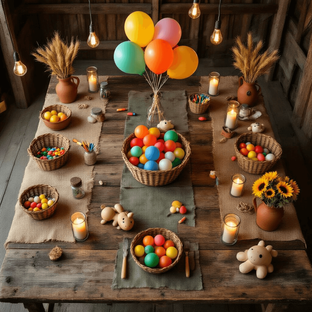 Overhead view of a cozy candlelit barn balloon twisting workshop, featuring weathered wooden tables arranged in a U-shape, colorful balloon supplies, vintage hand pumps, and mason jars with tools, illuminated by warm Edison string lights and candles, with twisted balloon animals scattered across the rustic surfaces.