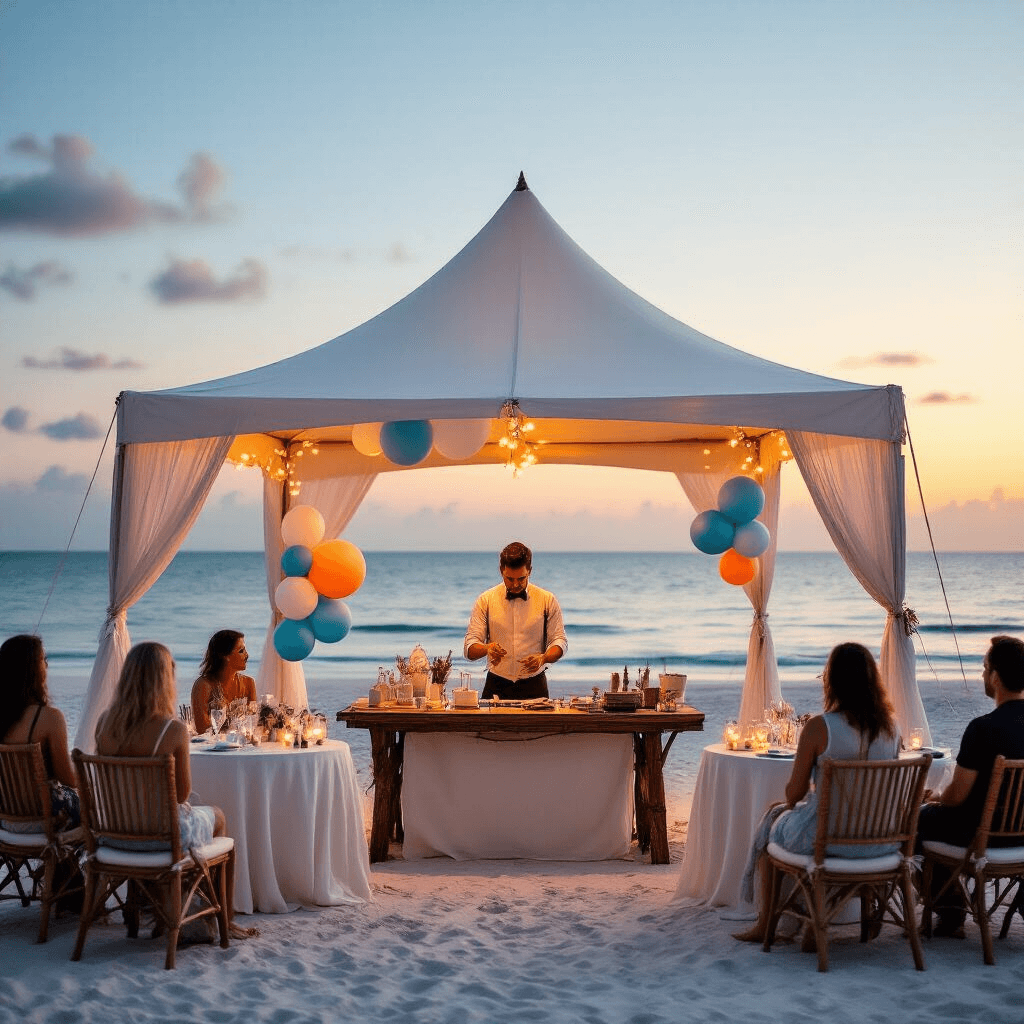 Upscale balloon artistry demonstration at a beachfront venue during twilight, featuring a white canvas tent, elegant tables with ivory linens and driftwood centerpieces, and guests in summer attire. The artist showcases balloon sculptures in ocean-inspired colors, set against a backdrop of soft ocean breezes and a warm amber sunset.