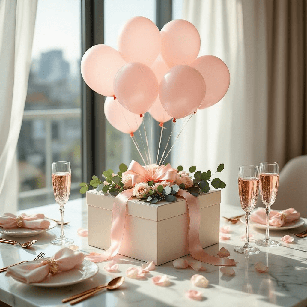An elegant flat lay of a balloon box reveal setup on a marble countertop, featuring a cream box with blush pink ribbon and eucalyptus, helium-filled pink balloons, rose gold cutlery, sparkling cider in crystal flutes, and scattered rose petals, all illuminated by soft morning light.