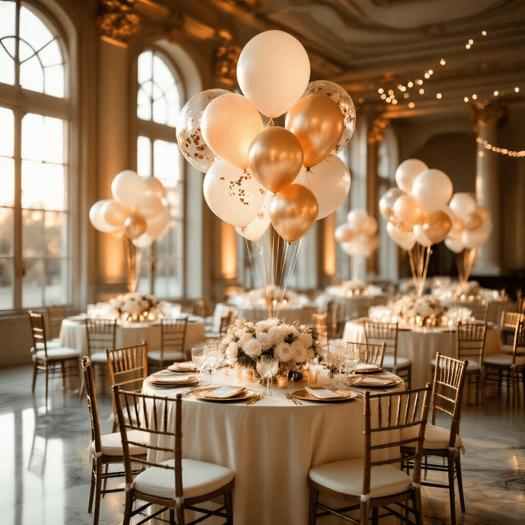 A wide-angle view of a luxurious indoor ballroom illuminated by golden hour light, featuring elegant round tables with ivory silk linens, rose gold confetti balloons, white peonies, and eucalyptus as centerpieces. Crystal glassware and gold-rimmed plates are perfectly arranged, with shimmering balloons creating a magical ambiance enhanced by cascading string lights and reflective marble floors. In the background, a dessert table framed by balloon hoops showcases sophisticated party decor.