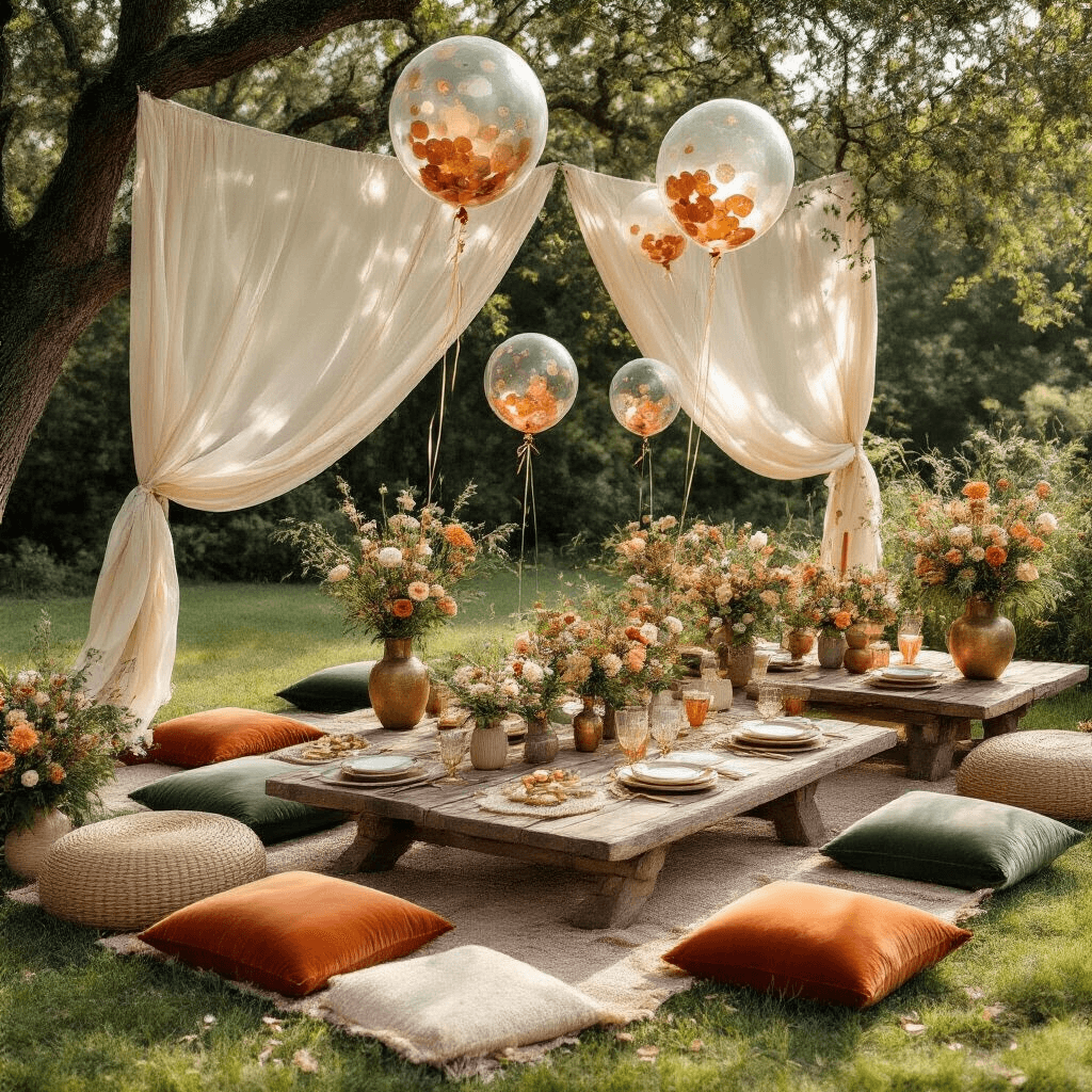 An intimate garden party setup with rustic picnic-style tables adorned with velvet cushions and balloons, surrounded by wildflowers and decorative details under soft morning light.