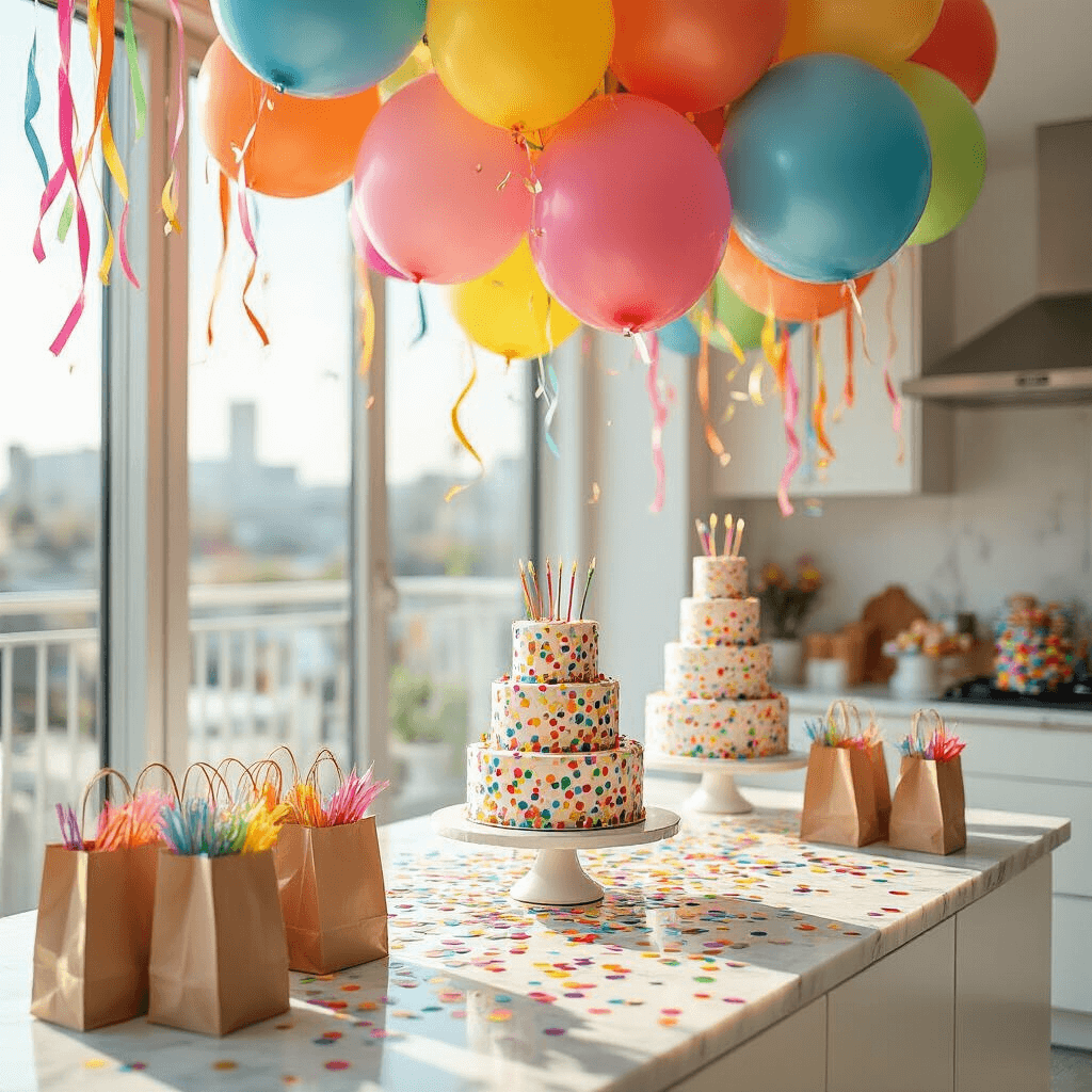 A vibrant children's birthday party corner featuring rainbow confetti balloons and oversized number balloons, illuminated by midday sunlight. A three-tiered birthday cake adorned with confetti sits on a marble kitchen island, surrounded by colorful balloon bunches and cascading streamers, with DIY party favors on a console table against clean white walls.