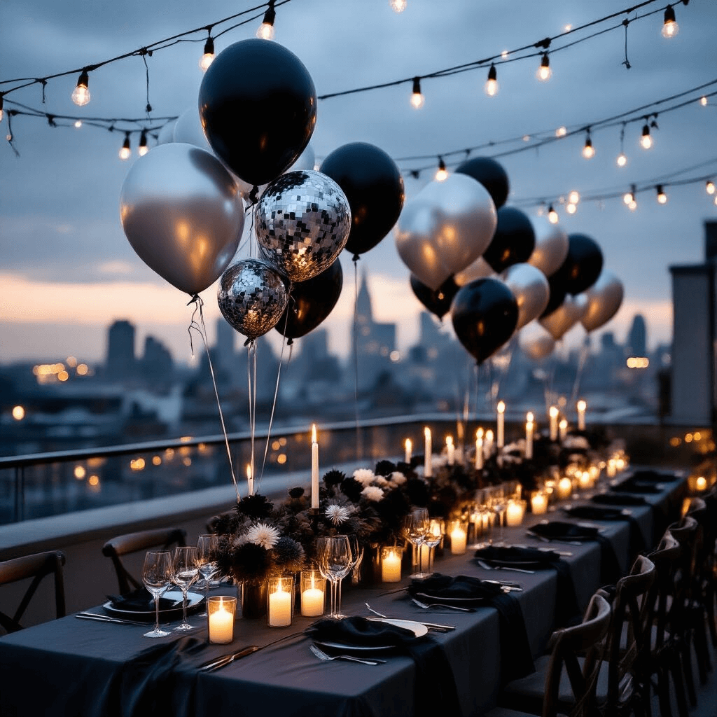 A sophisticated rooftop terrace birthday celebration illuminated by candlelight, featuring a long charcoal silk dining table with black velvet napkins, clusters of pillar candles, and fairy lights overhead. Elegant confetti balloons filled with silver and black metallic pieces float at varying heights, while minimal floral arrangements of dark dahlias and silver dusty miller accent the monochromatic setting. Personalized place cards rest against confetti balloon favors at each place setting, with a dramatic city skyline backdrop.