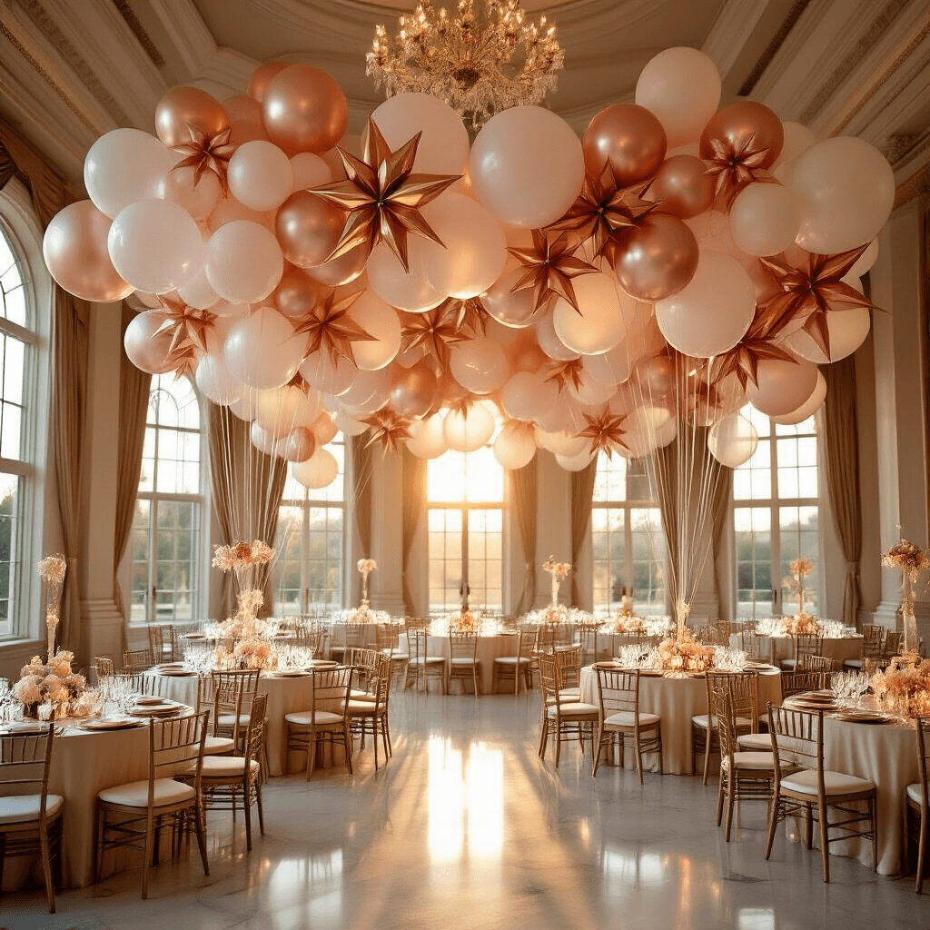 A luxurious indoor ballroom with a sophisticated balloon installation of oversized holographic star balloons, elegantly dressed tables, and a marble dance floor reflecting ambient lighting from crystal chandeliers during golden hour.