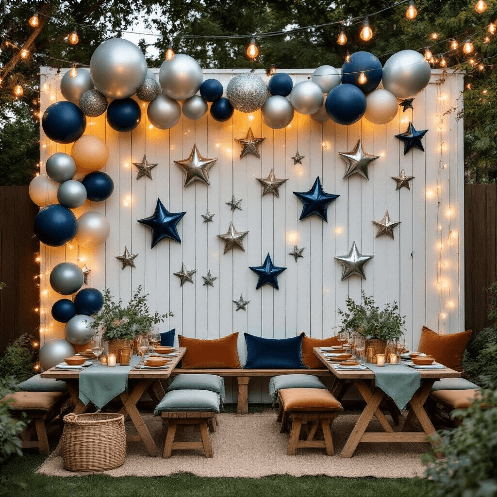 Overhead flat lay of an intimate backyard celebration with silver and navy blue star balloon installation on a white wooden fence, low picnic tables with sage green runners and terracotta place settings, vintage wooden benches with velvet cushions, string lights, wicker centerpieces with eucalyptus, mason jar glasses, and warm ambient lighting from Edison bulbs and lanterns.