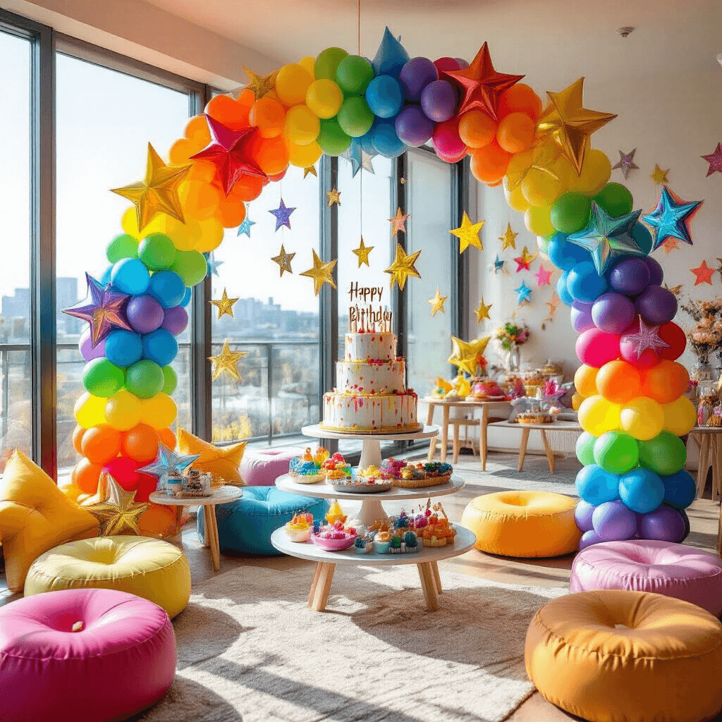 A vibrant children's birthday party scene in a modern apartment living space, featuring a rainbow balloon arch with handmade star designs, colorful latex balloons, a stylish dessert cart with a tiered cake, bright floor cushions, and constellation wall decorations, all illuminated by afternoon sunlight.