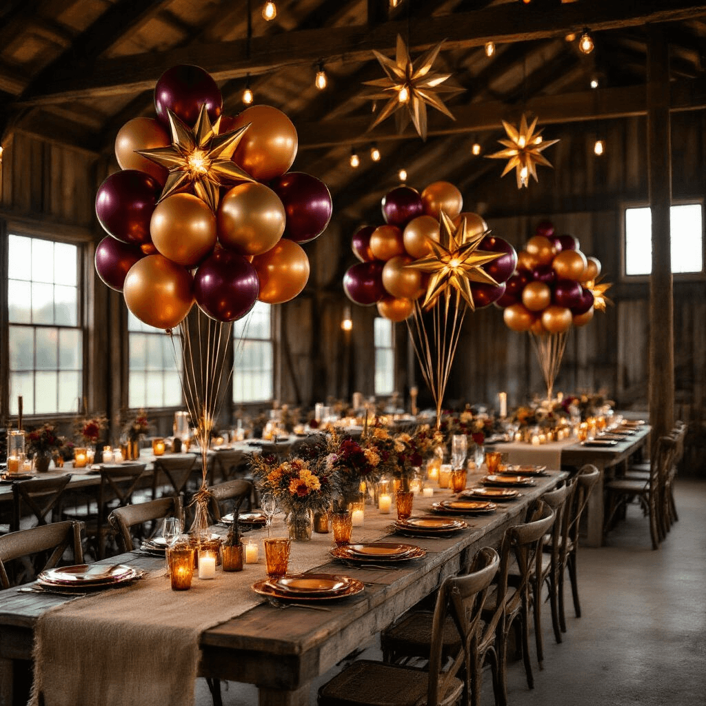 Moody cinematic shot of a rustic barn venue decorated for an evening event with dramatic burgundy, orange, and gold star balloons, long farm tables with burlap runners and amber glassware, mismatched vintage chairs, and glowing Edison bulbs amidst seasonal florals and cozy hay bale seating.