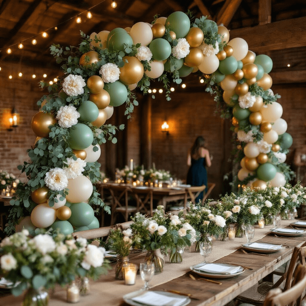 Close-up of an elaborate balloon garland in sage green, cream, and gold with eucalyptus and peonies, set against a rustic barn wall, illuminated by candlelight, with vintage wooden tables adorned with burlap runners and wildflower centerpieces, creating a cozy and whimsical celebration atmosphere.