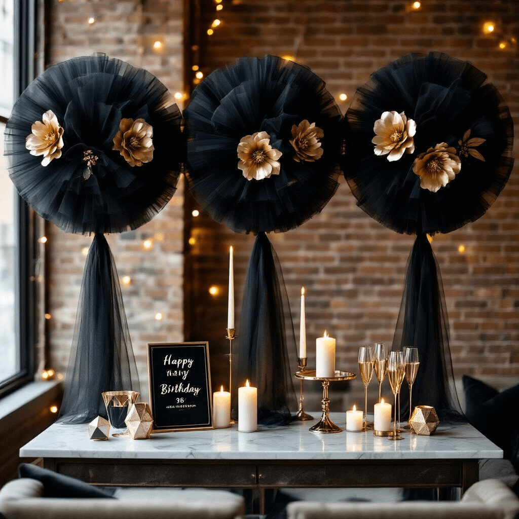 Tulle Balloons: The Elegant Party Decor That Made Me Ditch Traditional Centerpieces Close-up of a sophisticated birthday celebration in a modern apartment, featuring dramatic black tulle balloons against exposed brick, candlelit ambiance, and elegant black and gold decorations on a marble countertop.