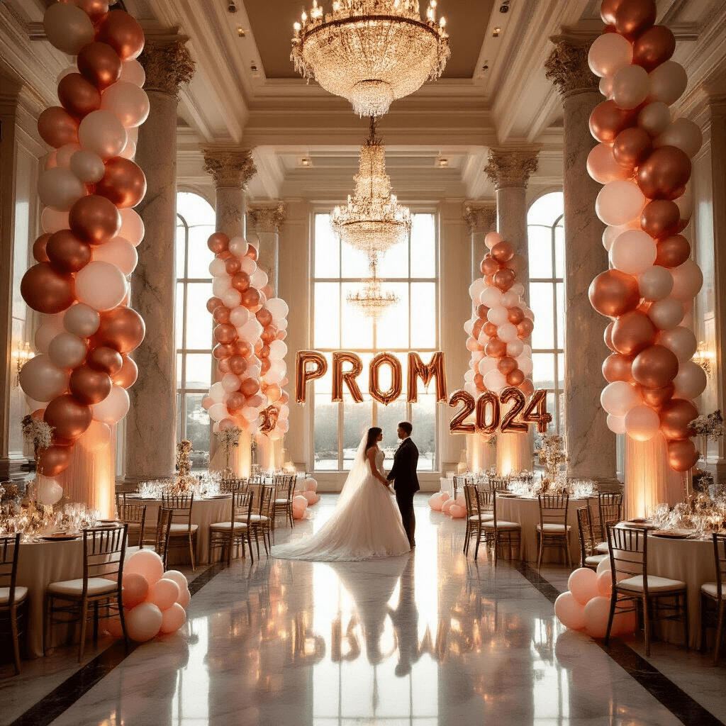 Cinematic wide-angle view of an elegant hotel ballroom adorned with cascading metallic rose gold, chrome silver, and blush pink balloon garlands, golden hour lighting streaming through tall windows, and round tables set with silk ivory linens and gold-rimmed stemware, featuring massive letter balloons spelling 'PROM 2024' at the entrance, all reflecting in polished marble floors illuminated by fairy lights.