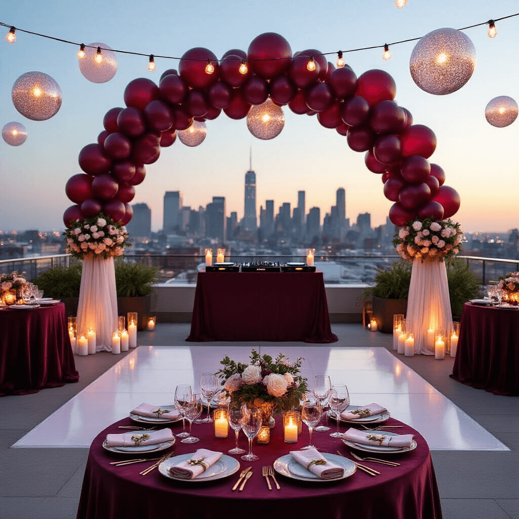 Overhead view of a rooftop terrace adorned with a deep burgundy balloon arch, clear confetti-filled balloons, and soft candlelight. String lights create an enchanting ambiance while balloon columns with gold tassels frame the DJ booth. Low cocktail tables with velvet linens feature ceramic plates and crystal glassware, complemented by white florals and marble surfaces, all set against an urban skyline backdrop.