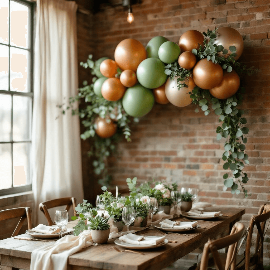 Close-up of a balloon garland featuring sage green latex balloons, terracotta balloons, and chrome foil pieces, cascading down a rustic brick wall with eucalyptus and cream silk ribbon, illuminated by soft morning light; wooden farm tables set with ceramic place settings and potted succulents.