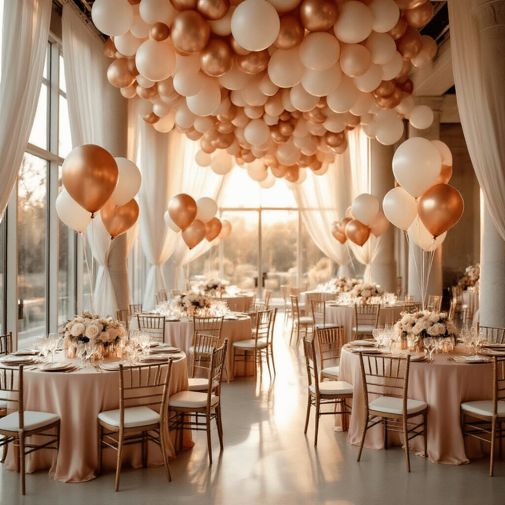 Elegant indoor engagement party in a ballroom, featuring blush pink silk table linens, rose gold balloon garlands, diamond ring foil balloons, and romantic arches of mylar balloons. Soft golden hour light highlights crystal glassware, white roses in gold vessels, and flickering candles, with an intimate ambiance created by velvet chair cushions and fairy lights.