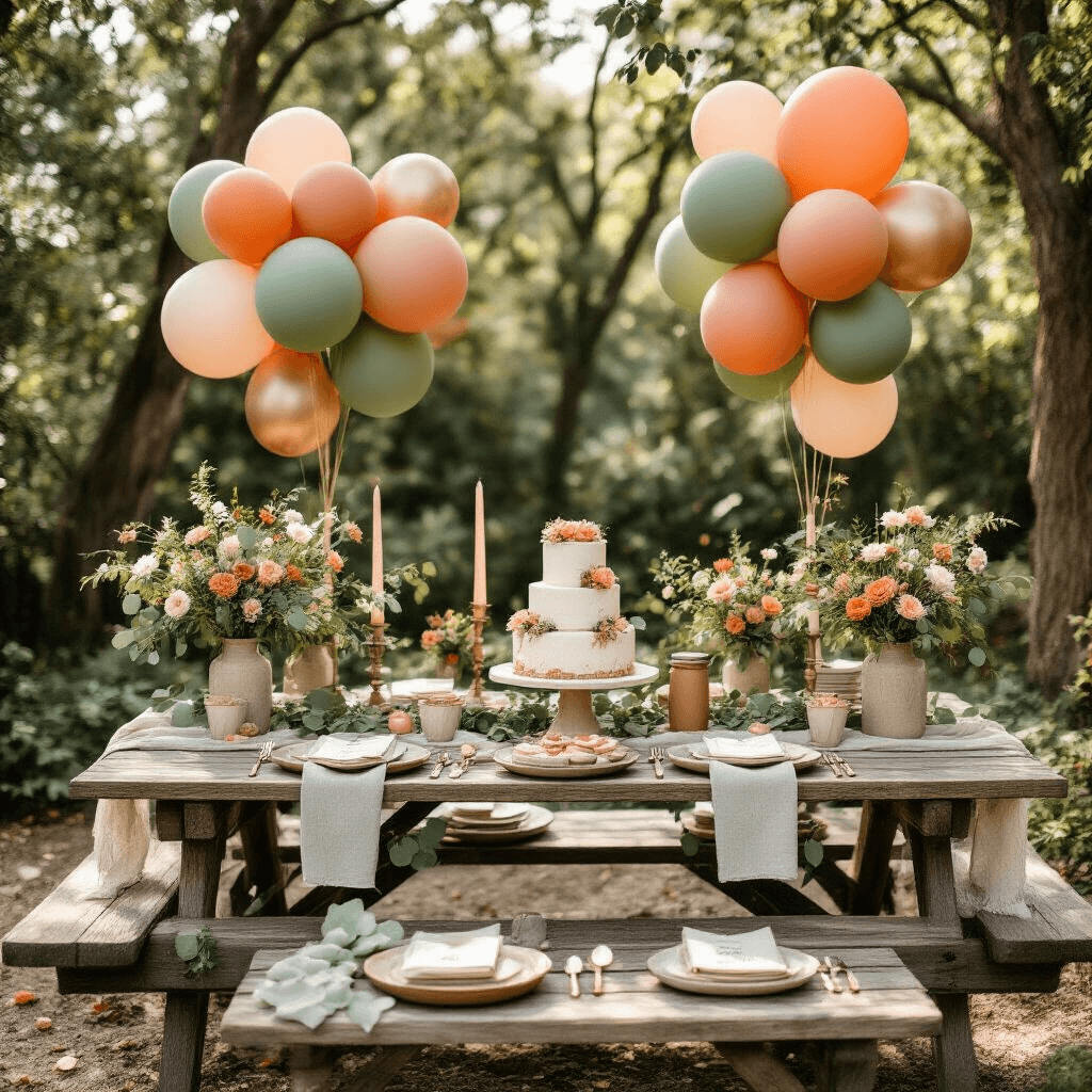 Overhead view of a rustic garden engagement setup featuring a wooden picnic table with sage green and terracotta balloon bouquets, layered textiles, ceramic dishware, and fresh eucalyptus garlands, complemented by a tiered engagement cake, mason jar wildflower centerpieces, and rose gold balloons, all bathed in soft morning light.