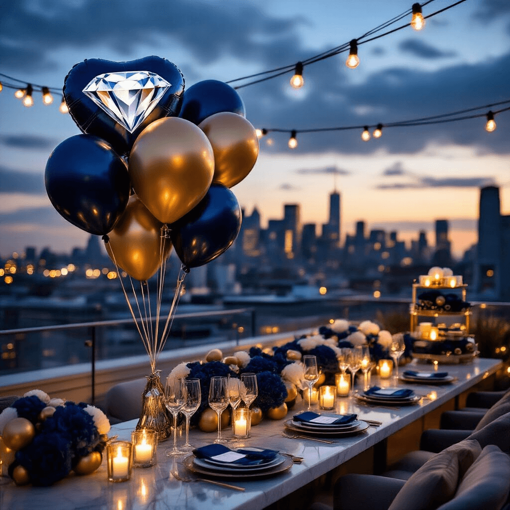 Close-up cinematic shot of a modern rooftop terrace proposal, featuring giant foil diamond ring balloons, city lights in the background, navy blue and gold balloon arrangements, layered lighting with string lights and LED candles, elegant place settings, a champagne display cart, and styled gift tables, all illuminated by moody atmospheric lighting.