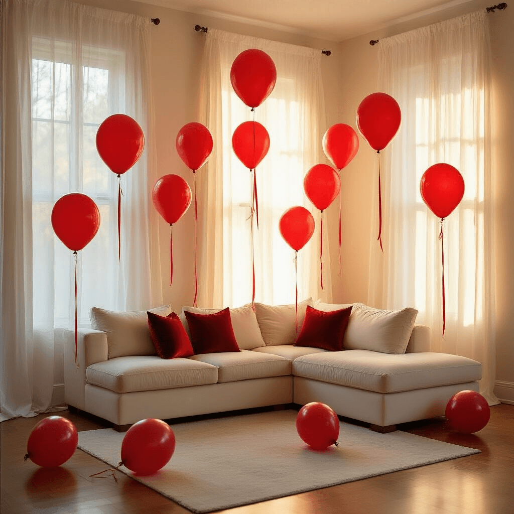 A wide-angle view of an intimate living room set for an anniversary celebration, featuring clusters of red balloons and elegant satin ribbons, warm sunlight filtering through sheer curtains, and a plush ivory sectional sofa, all creating a romantic and sophisticated atmosphere.