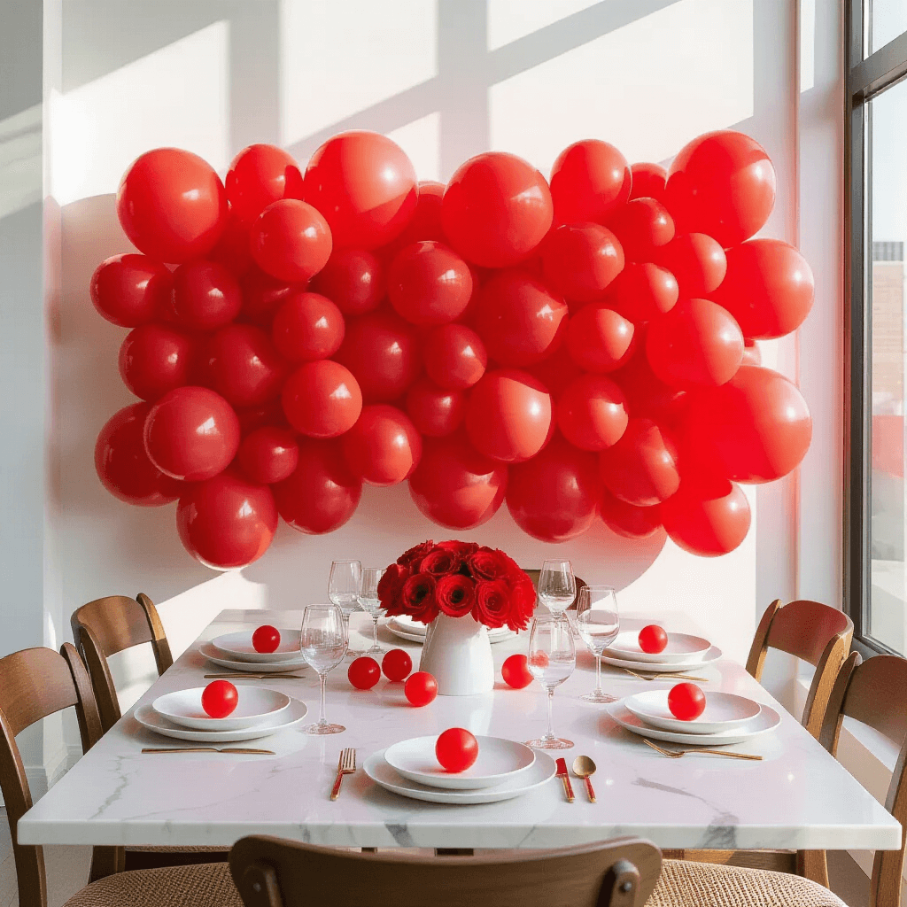 A beautifully styled birthday party tablescape in a modern apartment, featuring a white marble dining table adorned with a vibrant red balloon wall backdrop, crisp white ceramic plates, and clear glassware, all bathed in soft morning light.