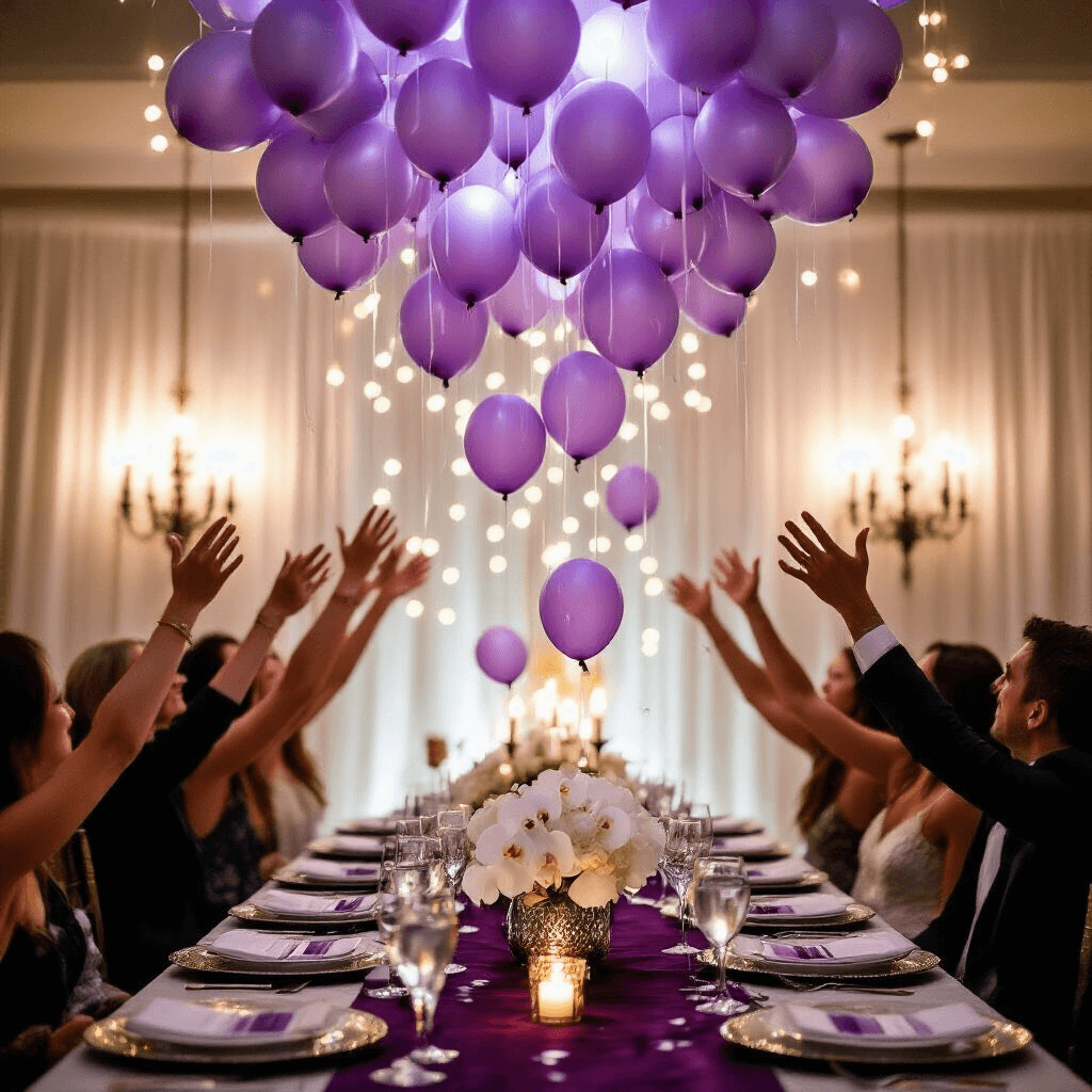 An intimate dining room bursting with joy as lavender balloons cascade from a ceiling-mounted net, surrounded by elegantly set tables with silver charger plates, crystal stemware, and white orchid centerpieces, all illuminated by flickering candlelight and fairy lights, creating a magical ambiance.