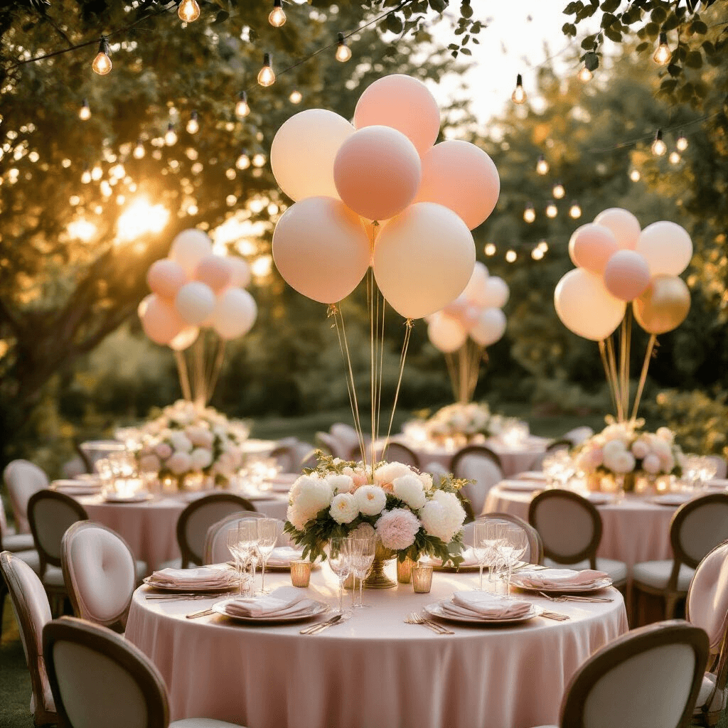 Cinematic wide-angle shot of an elegant outdoor garden party at golden hour, featuring round tables with silk blush pink linens, balloon centerpieces in soft pastels, marble pedestals, white peonies, eucalyptus garland, vintage chairs, and crystal stemware, all illuminated by warm sunlight and string lights.