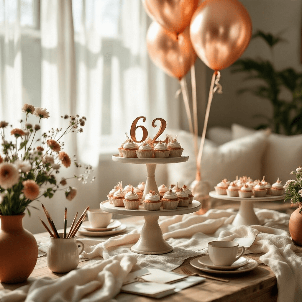 Close-up of a cozy indoor birthday celebration with soft morning light, featuring a tiered dessert display adorned with hand-drawn balloon decorations, rose gold metallic foil number balloons, layered textiles in cream and sage, and fresh florals in terracotta vessels, alongside sketching supplies on a rustic wooden table.