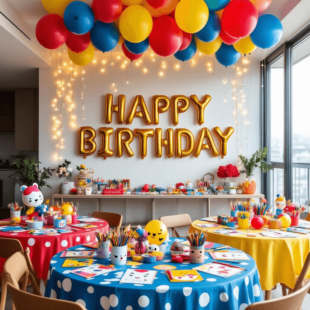 Overhead view of a vibrant children's party setup in a modern apartment, featuring bold red, blue, and yellow balloons, including classic latex and kawaii character designs. The scene includes round tables with polka-dot linens hosting balloon-making stations with art supplies, and fairy lights adding a magical glow. Balloon garlands hang from the ceiling, adorned with personalized party favors showcasing hand-drawn balloon artwork.