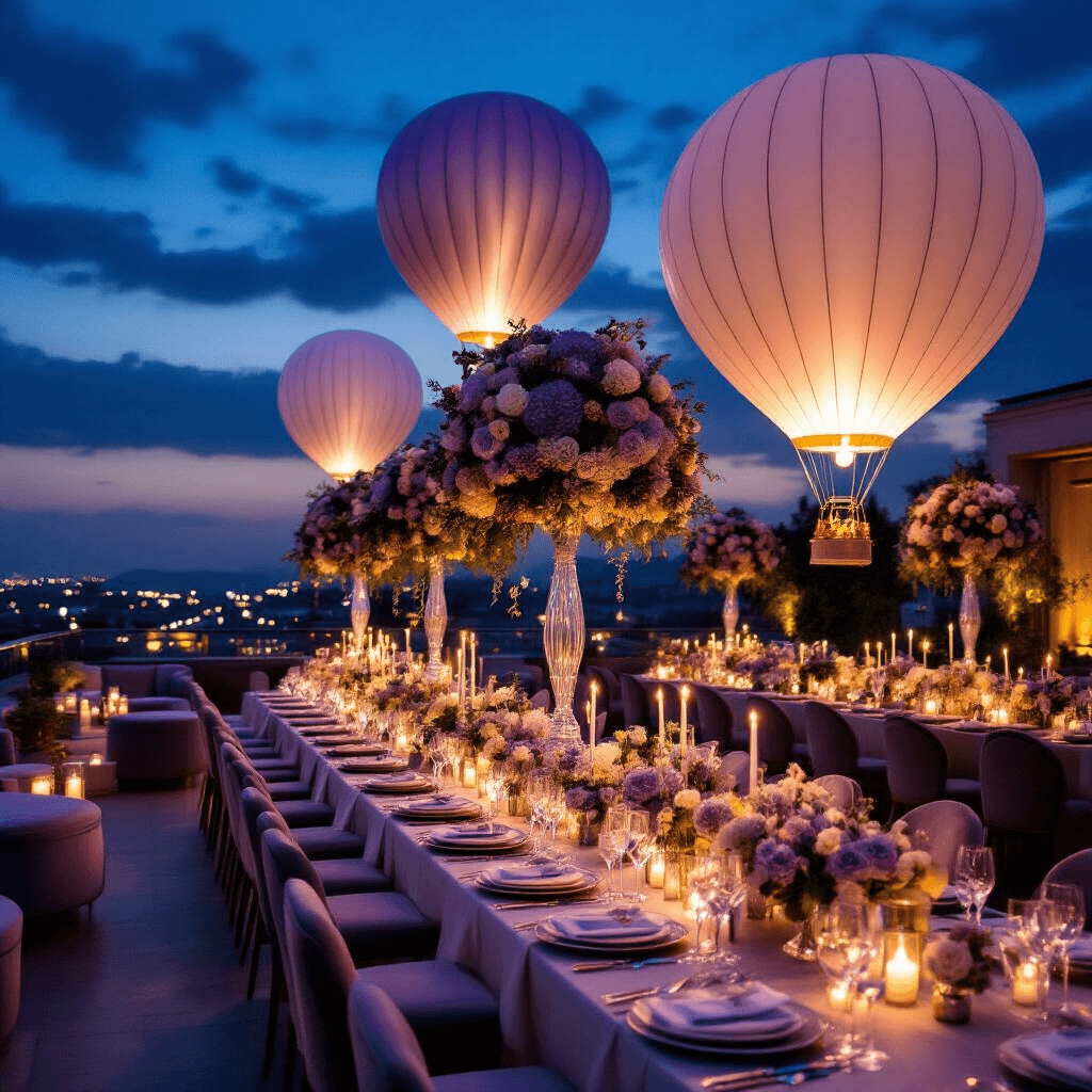 Cinematic rooftop terrace evening celebration featuring elegant balloon installations, long tables with silk ivory runners, tall centerpieces of florals and silver-toned balloon sculptures, crystal glassware, custom easels displaying balloon drawings, velvet lounge seating, marble tables with balloon-themed cocktails, and sheer drapery in a fairy-lit night sky.