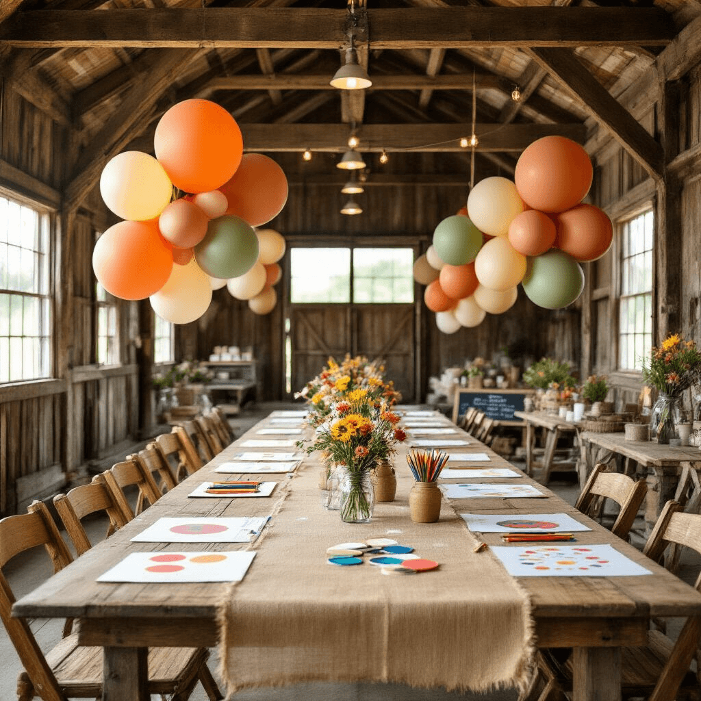 A wide-angle view of a rustic barn celebration featuring a DIY balloon art workshop, with long farmhouse tables adorned with burlap runners, art stations for balloon drawings, and earth-toned balloons hanging from wooden rafters. Mason jars with wildflowers and chalkboard signs displaying drawing instructions enhance the warm, creative atmosphere.