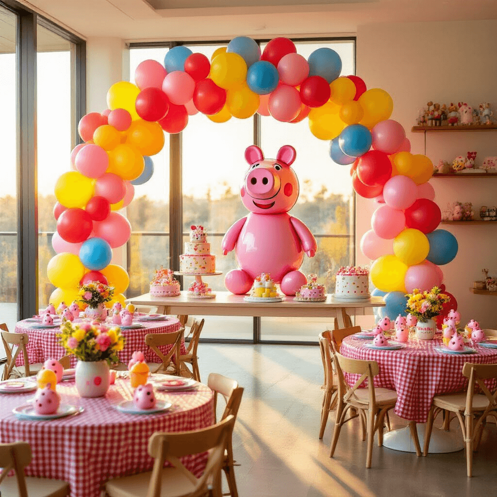 A vibrant children's birthday party in a modern living room, featuring a balloon arch with Peppa Pig balloons, round tables with red gingham tablecloths and Peppa-themed bouquets, and colorful wall decorations, all illuminated by warm golden hour sunlight.