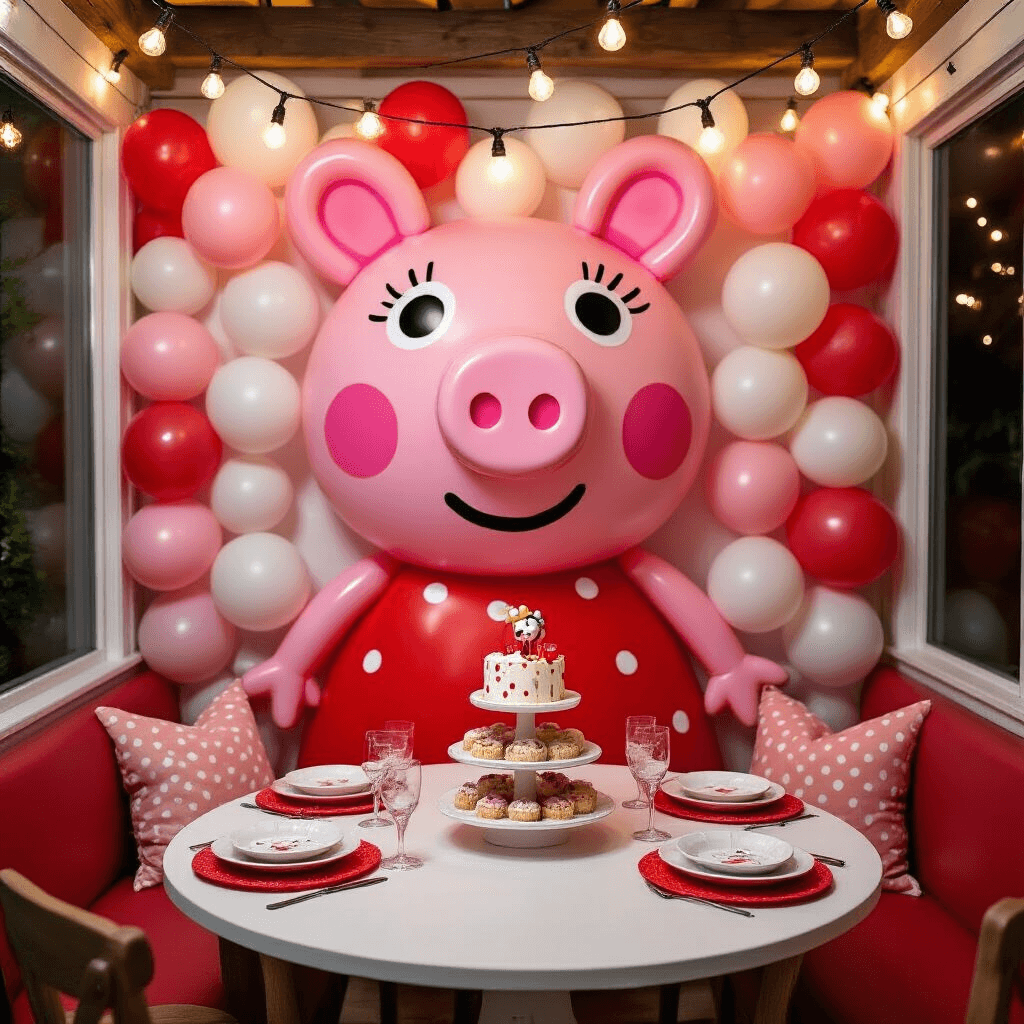 Intimate dining nook transformed into Peppaville with a whimsical balloon backdrop featuring Peppa Pig's face, candlelit evening ambiance, red polka-dot table setting, and Peppa-themed cake, adorned with handmade balloon characters and warm fairy lights.