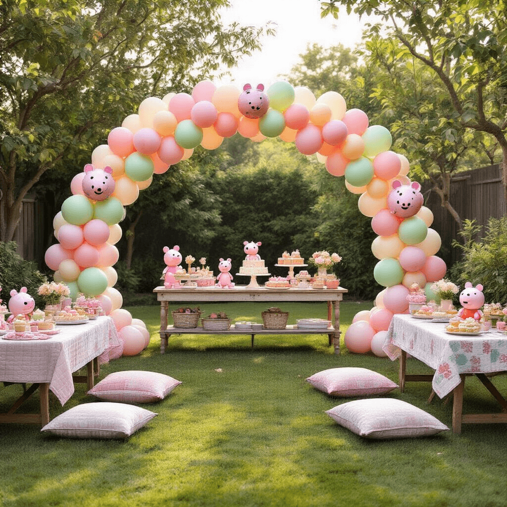 A vibrant backyard garden party setup with pastel balloon displays and a DIY balloon arch featuring Peppa Pig balloons, picnic tables adorned with vintage quilts and balloon centerpieces, a rustic dessert cart with Peppa-themed treats, and personalized balloon markers, all captured in soft morning light with dappled effects from surrounding trees.