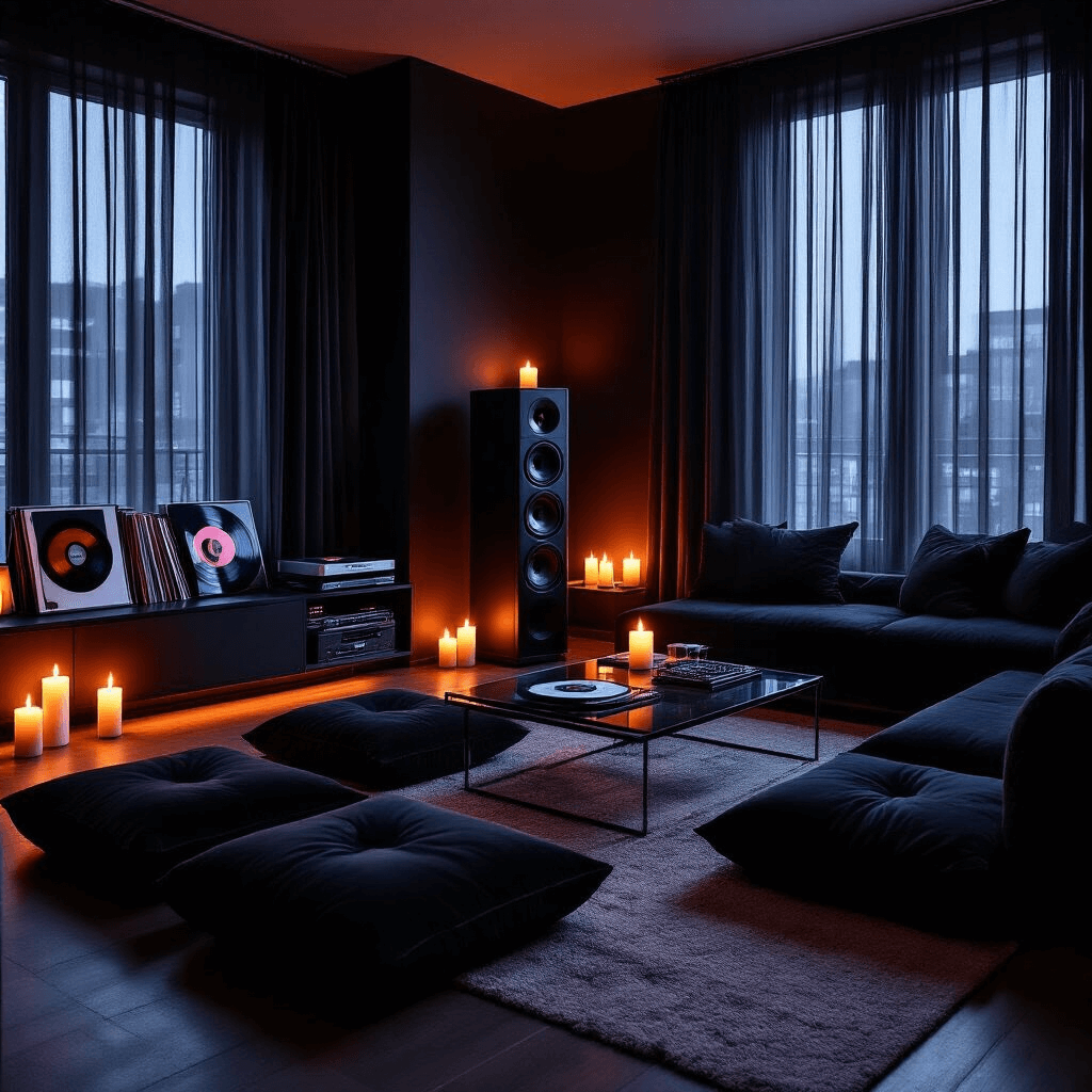 A cozy and intimate late-night listening party in a modern apartment, featuring deep charcoal walls, plush black velvet floor cushions, and flickering LED candles casting dramatic shadows, with a premium speaker system and displayed vinyl records. The warm amber lighting enhances the secretive atmosphere.