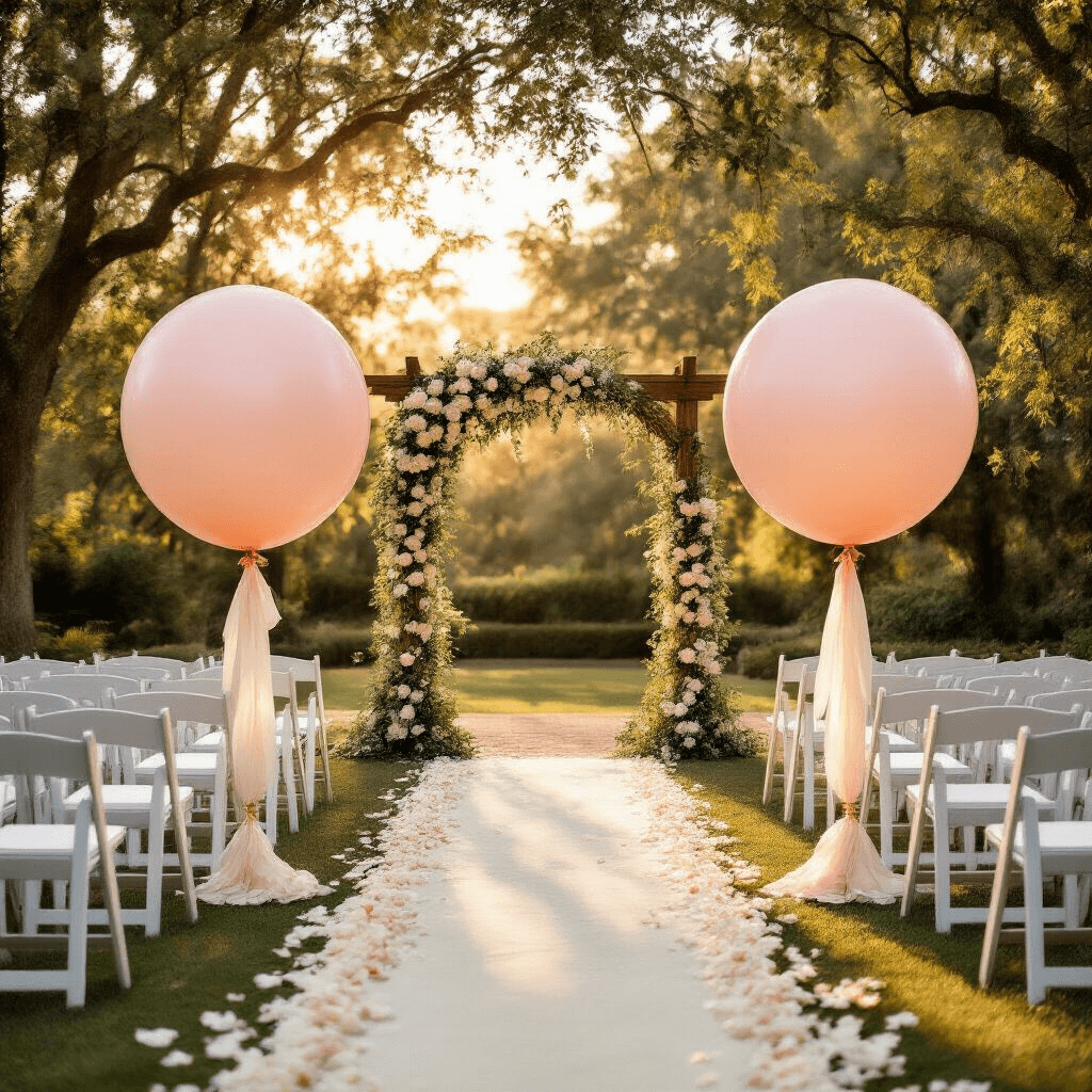 Photorealistic wide-angle view of an elegant outdoor wedding ceremony at golden hour, featuring large blush pink latex balloons by a rustic wooden arch adorned with white roses and eucalyptus, with white chiavari chairs lining a petal-scattered aisle and dappled sunlight filtering through trees, creating a romantic atmosphere.
