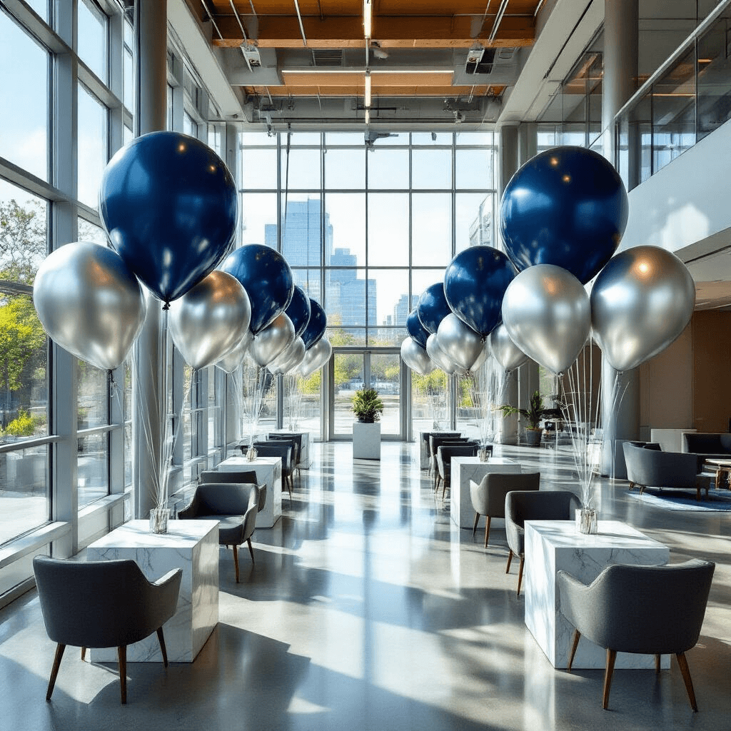 Photorealistic overhead view of an upscale corporate event in a modern glass-walled conference center, featuring metallic silver and navy mylar balloons as wayfinding markers, polished concrete floors, contemporary furniture, and natural sunlight creating reflective patterns on marble tables.